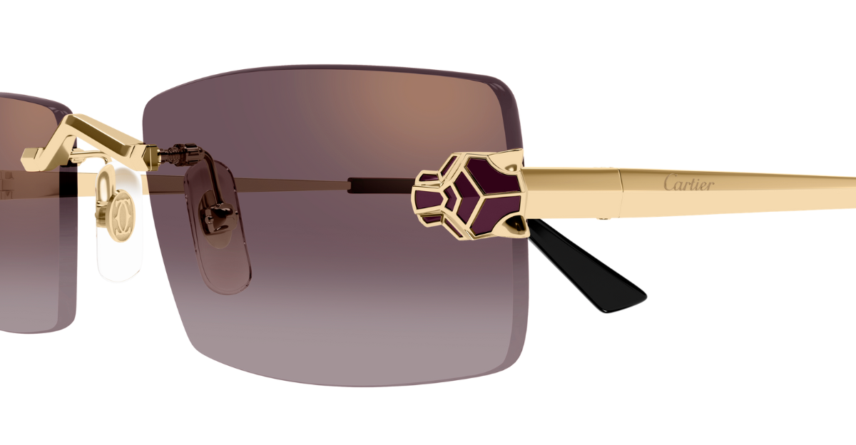 cartier 0598s 005 eckige rahmenlose sonnenbrille in gold mit violetten gläsern
