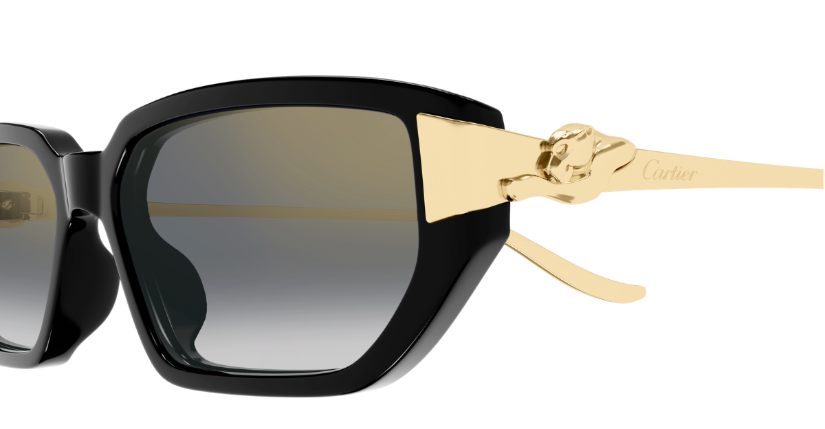 cartier CT0674S 001 eckige sonnenbrille aus acetat und metal in schwarz und gold mit grauen gläsern