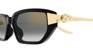cartier CT0674S 001 eckige sonnenbrille aus acetat und metal in schwarz und gold mit grauen gläsern
