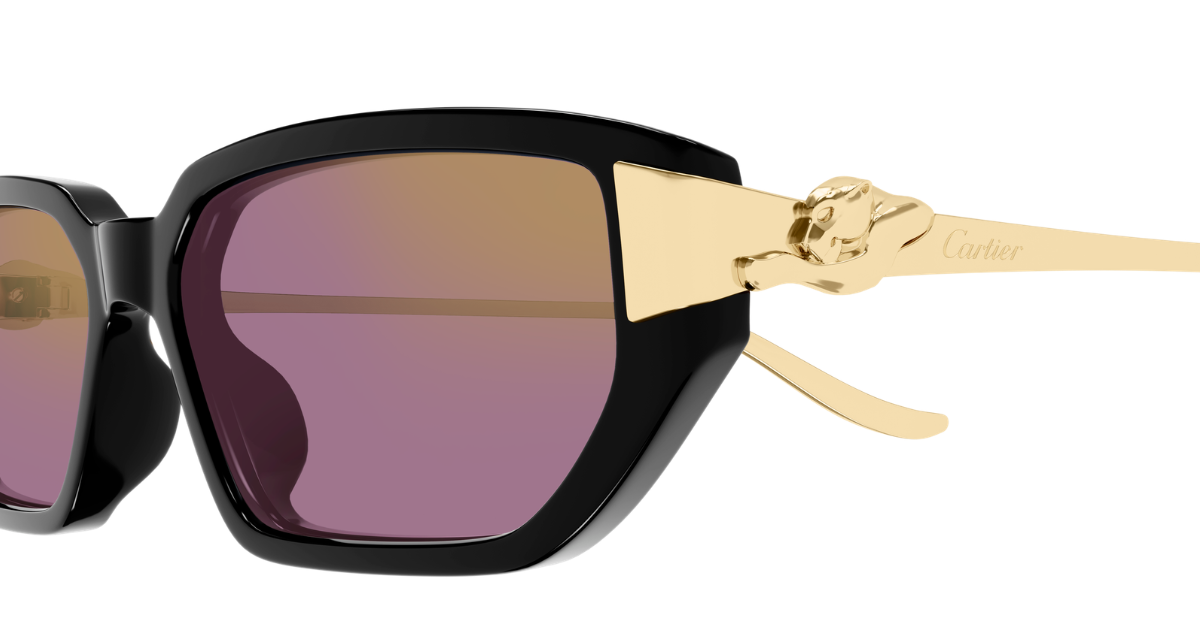 cartier CT0674S 004 eckige sonnenbrille aus acetat und metal in schwarz und gold mit violetten gläsern