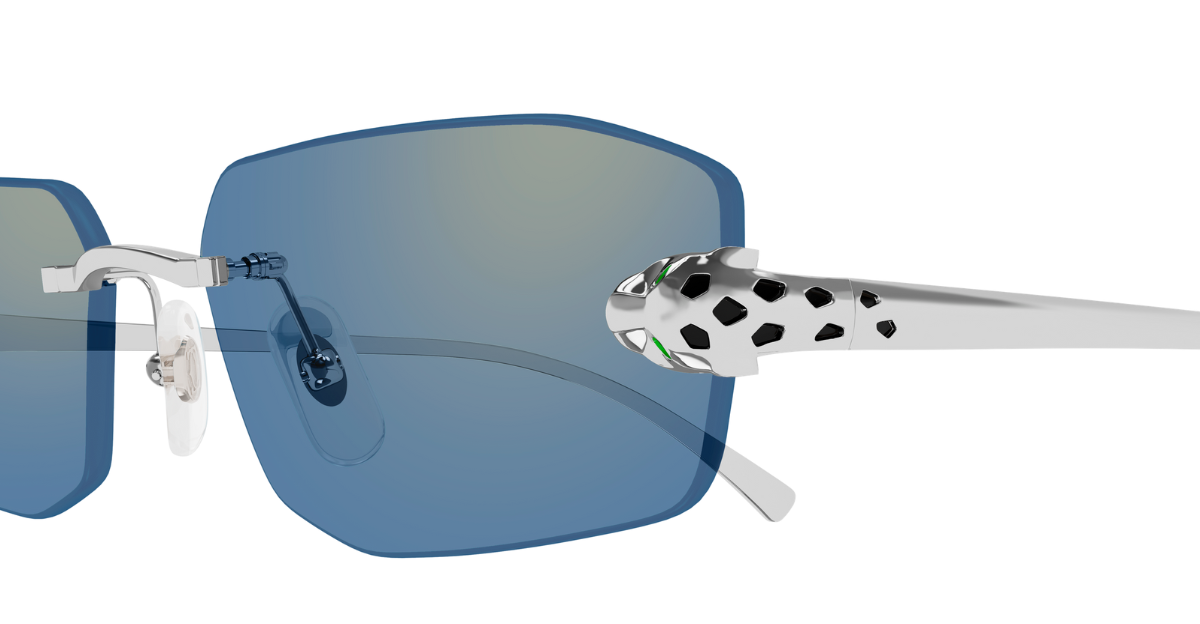 cartier ct0474s 005 eckige randlose sonnenbrille in silber mit hellblauen gläsern