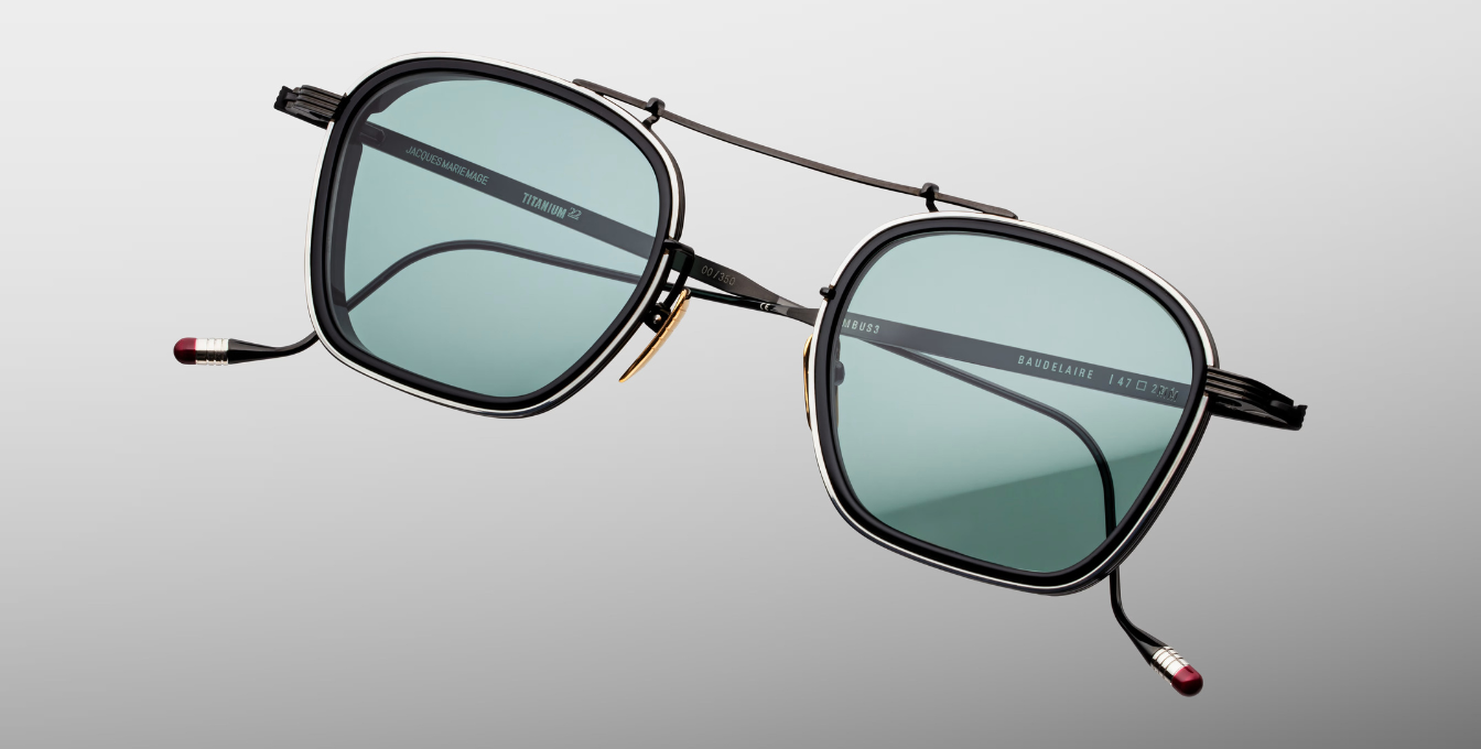jacques marie mage baudelaire 2 paon eckige sonnenbrille aus titan und acetat in schwarz und silber mit türkisen gläsern