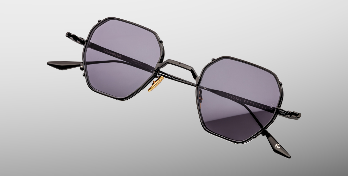 jacques marie mage verlaine corbeau titansonnenbrille in schwarz und silber mit grauen gläsern