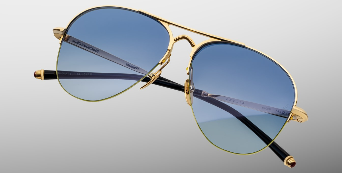 jacques marie mage amelia gold, pilotensonnenbrille in gold mit blauen verlaufsgläsern
