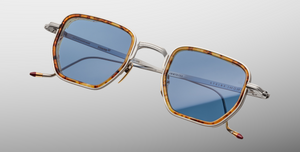 jacques marie mage atkins cairo eckige sonnenbrille in gold und havana mit blauen gläsern