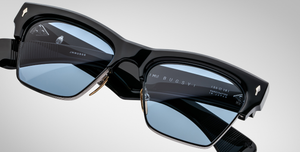 jacques marie mage bugsy black cateye sonnenbrille in schwarz und silber mit blauen gläsern