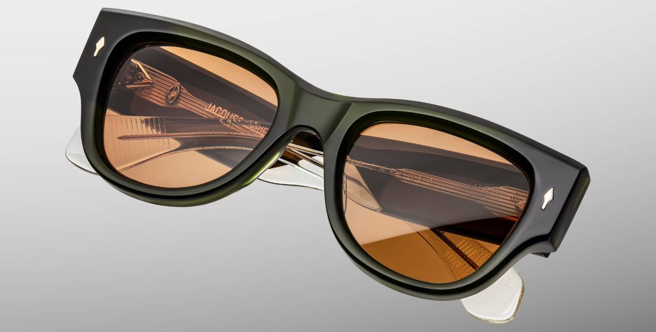 jacques marie mage chelsea borneo eckige sonnenbrille in grün mit orangenen gläsern