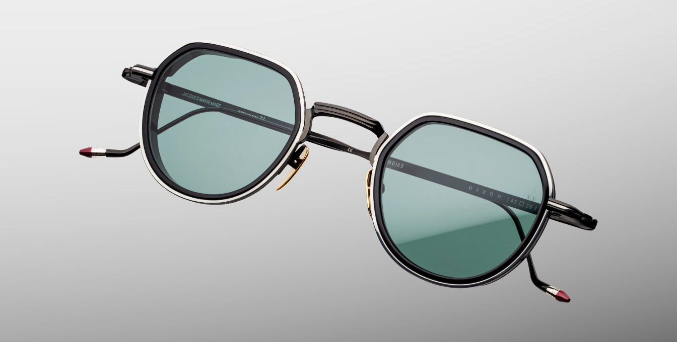 jacques marie mage dixon paon pantoförmige sonnenbrille aus titan und acetat in schwarz und silber mit türkisenen Gläsern