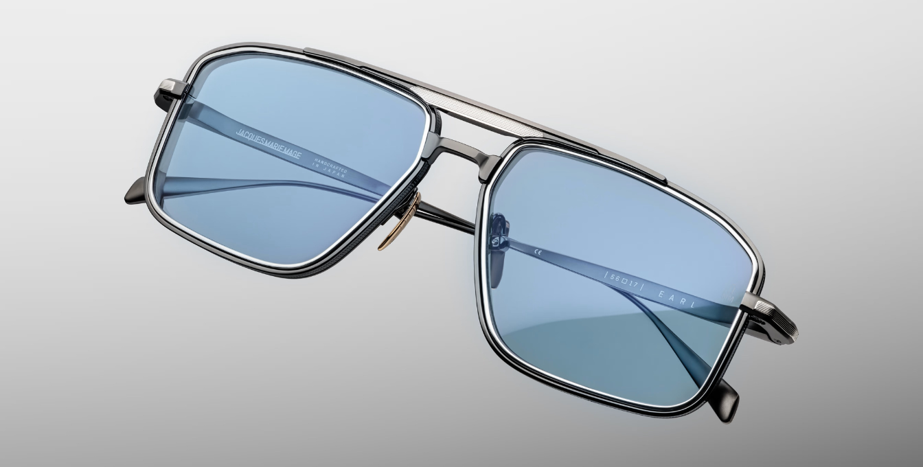 jacques marie mage earl antique silver eckige aviator sonnenbrille in gunmetal und silber mit blauen gläsern