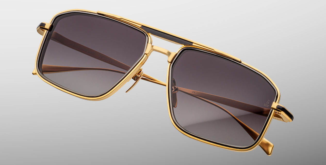 jacques marie mage earl cia eckige sonnenbrille in gold und schwarz mit schwarzen gläsern