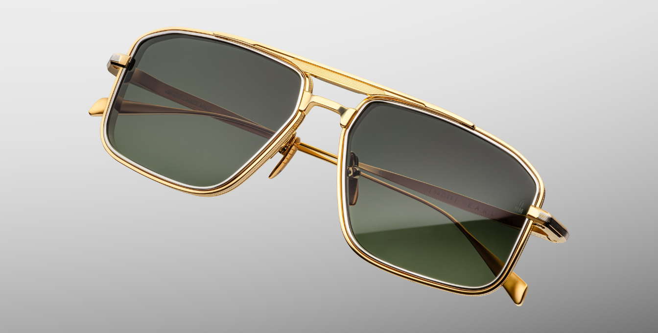 jacques marie mage earl musket eckige sonnenbrille in gold und silber mit grünen gläsern