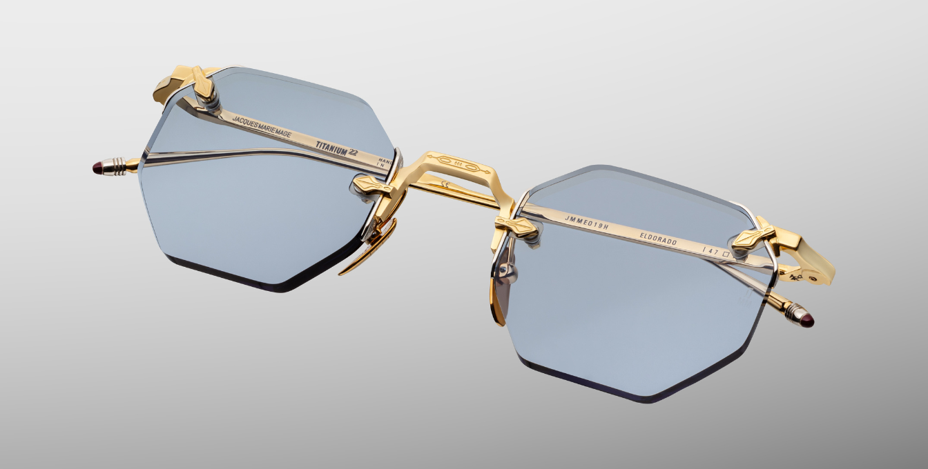 jacques marie mage el dorado ciel achteckige randlose sonnenbrille in gold mit blauen gläsern