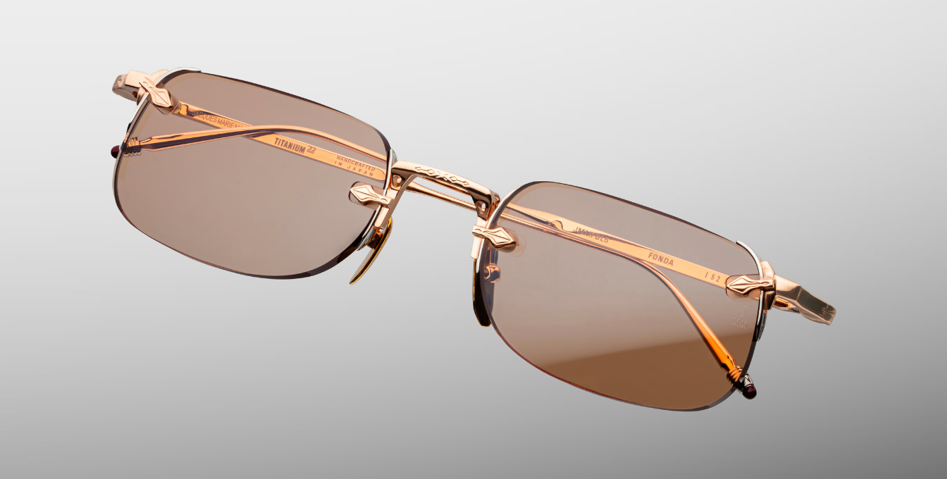 jacques marie mage fonda sweetheart eckige randlose sonnenbrille aus titan in rosegold und orangenen gläsern