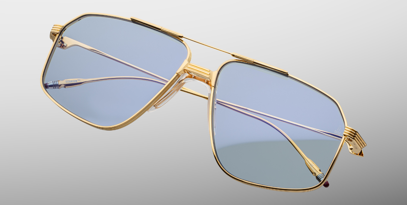 jacques marie mage jagger ciel aviotor sonnenbrille in gold mit blauen verluafsgläsern