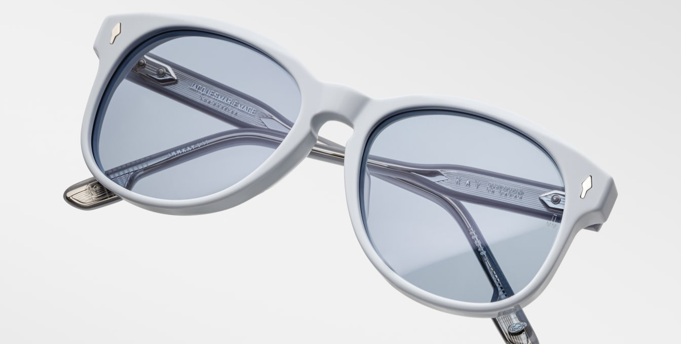 jacques marie mage kay sky suede  blaue aviator sonnenbrille aus acetat mit blauen gläsern