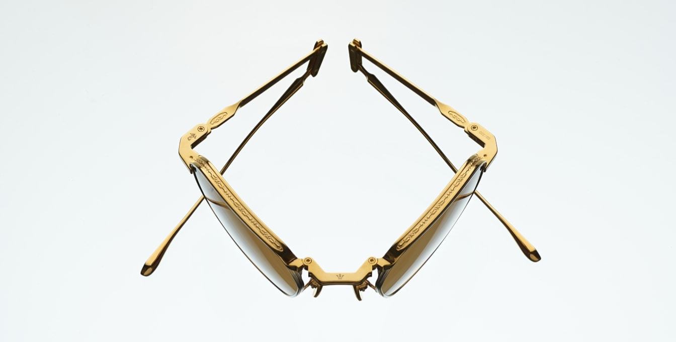 jacques marie mage koenig roma, eckige sonnenbrille in gold und silber mit braunen verlaufsgläser