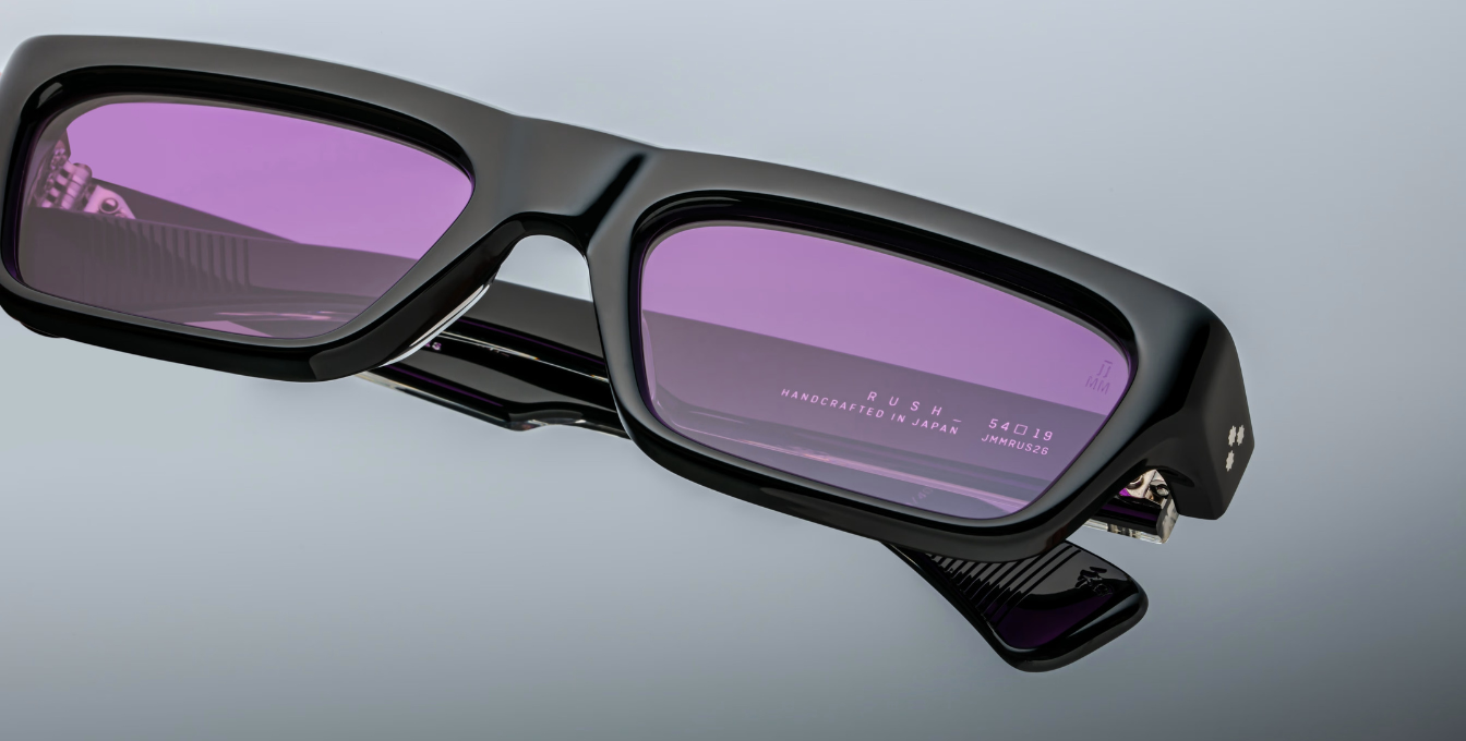 jacques marie mage rush shadow eckige sonnenbrille in schwarz mit violetten gläsern
