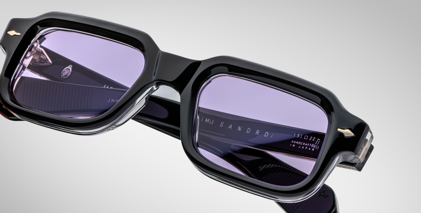 jacques marie mage sandro maverick eckige sonnenbrille in schwarz und transparent mit violetten gläsern