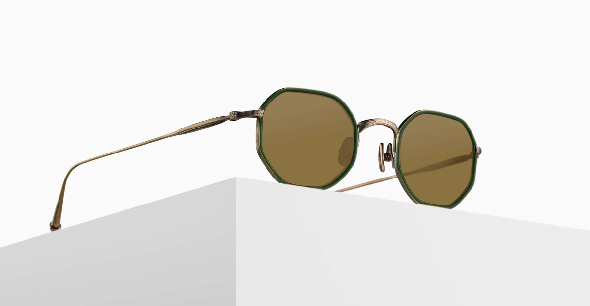 matsuda M3086-I AntiqueGold-BottleGreen eckige sonnenbrille aus titan und acetat in gold und grün mit braunen gläsern