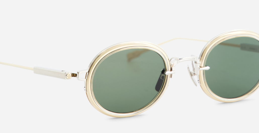 sato Acamar II | P/LG-1 ovale sonnenbrille aus titan in platinum um gold mit grau grünen gläsern