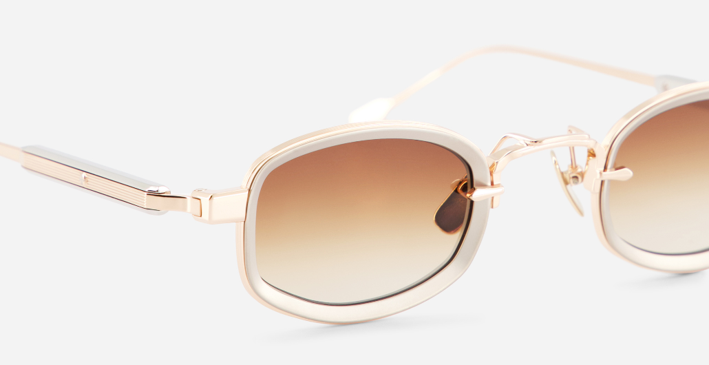 sato aquila rg/p-1 eckige sonnenbrille aus titan in rose gold und platinum mit braunen verlaufsgläsern