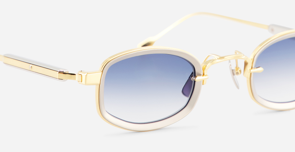 sato aquila yg/p-1 eckige sonnenbrille aus titan in gelbgold und platinum mit blauen verlaufsgläsern