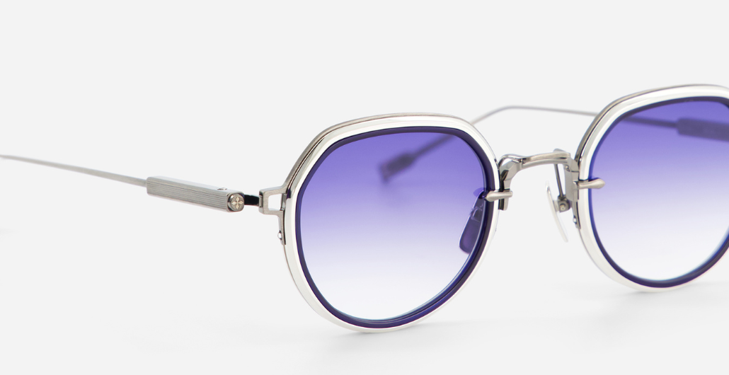 sato Belell II AS/P-1 pantoförmige sonnenbrille aus titan in silber mit blauen verlaufsgläser
