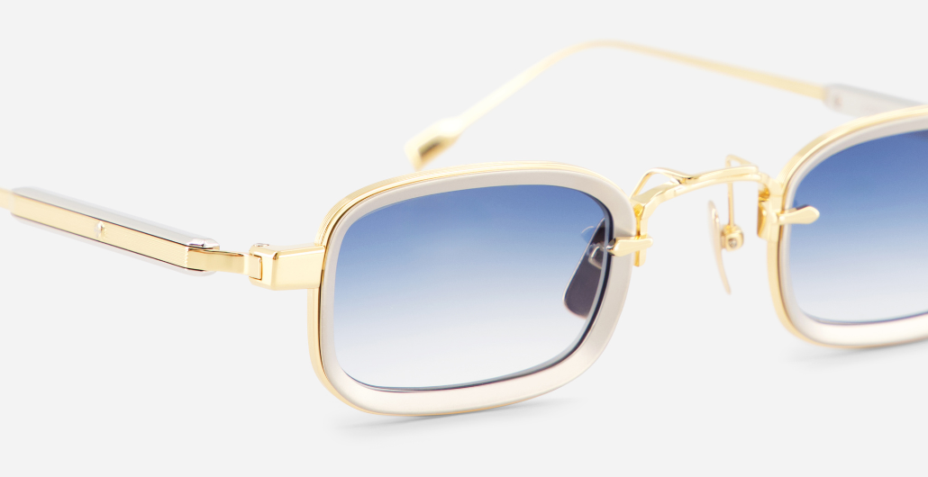 sato Canicula yg/p-1 rechteckige sonnenbrille aus titan in gelbgold und platinum mit blauen verlaufsgläsern