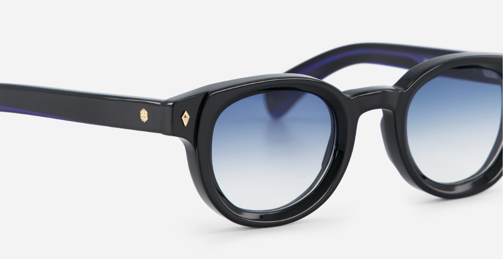 sato gienna E-1 pantoförmige acetat sonnenbrille in schwarz mit blauen verlausfgläsern