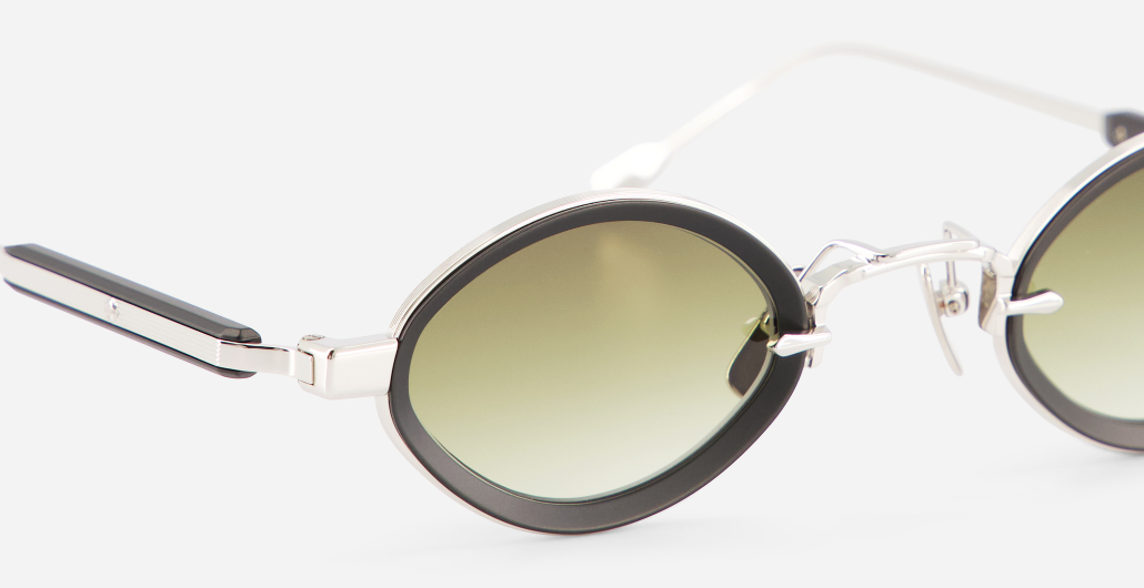 sato talita p/b-1 ovale sonnenbrille in titan in silber und matt schwarz mit grünen verlaufsgläsern