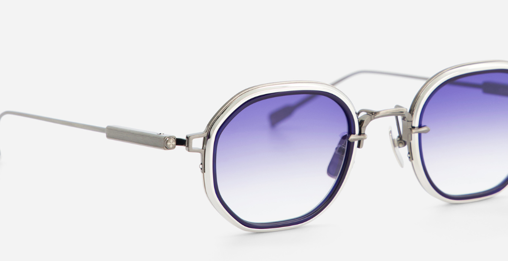 sato toliman II as/p-1 eckige sonnenbrille aus titan in silber mit blauen verlaufsgäsern