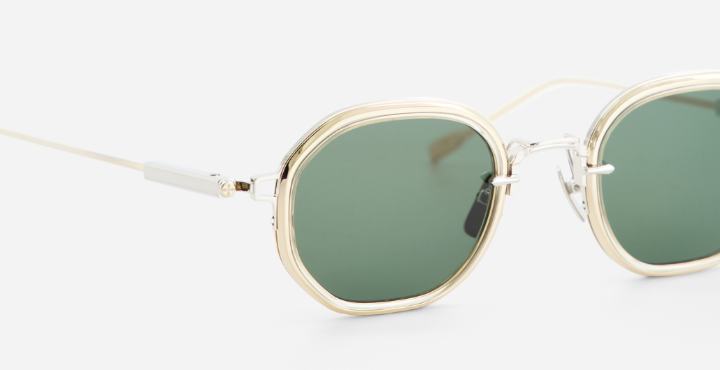 sato toliman II p/lg-1 eckige sonnenbrille aus titan in silber und gold und grau grünen gläsern