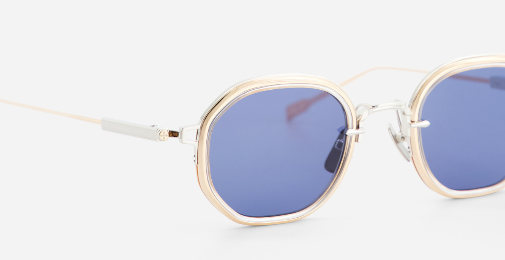 sato Toliman II | P/RG-1 eckige sonnenbrille aus titan in silber und gold mit blauen gläsern