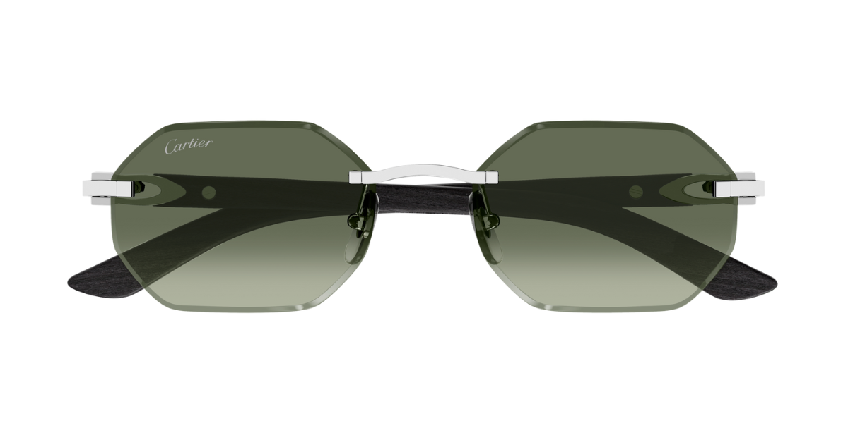 cartier 0439 008 eckige randlose sonnenbrille in silber und grün mit grünen gläsern