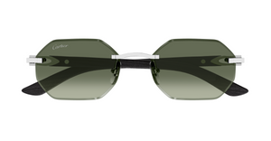 cartier 0439 008 eckige randlose sonnenbrille in silber und grün mit grünen gläsern