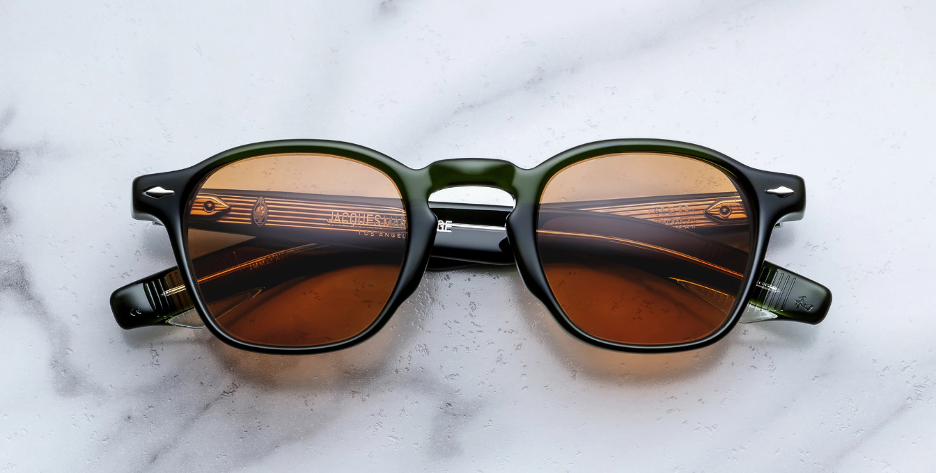 jacques marie mage zephirin 47 borneo eckige sonnenbrille aus acetat in grün mit orangenen gläsern