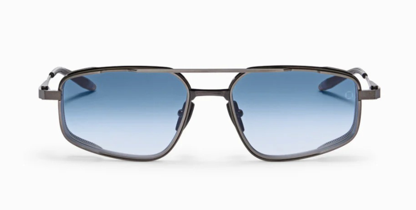 akoni atlantis brushed black rhodium eckie aviator sonnenbrille aus titan in silber mit blauen verlaufsgläsern