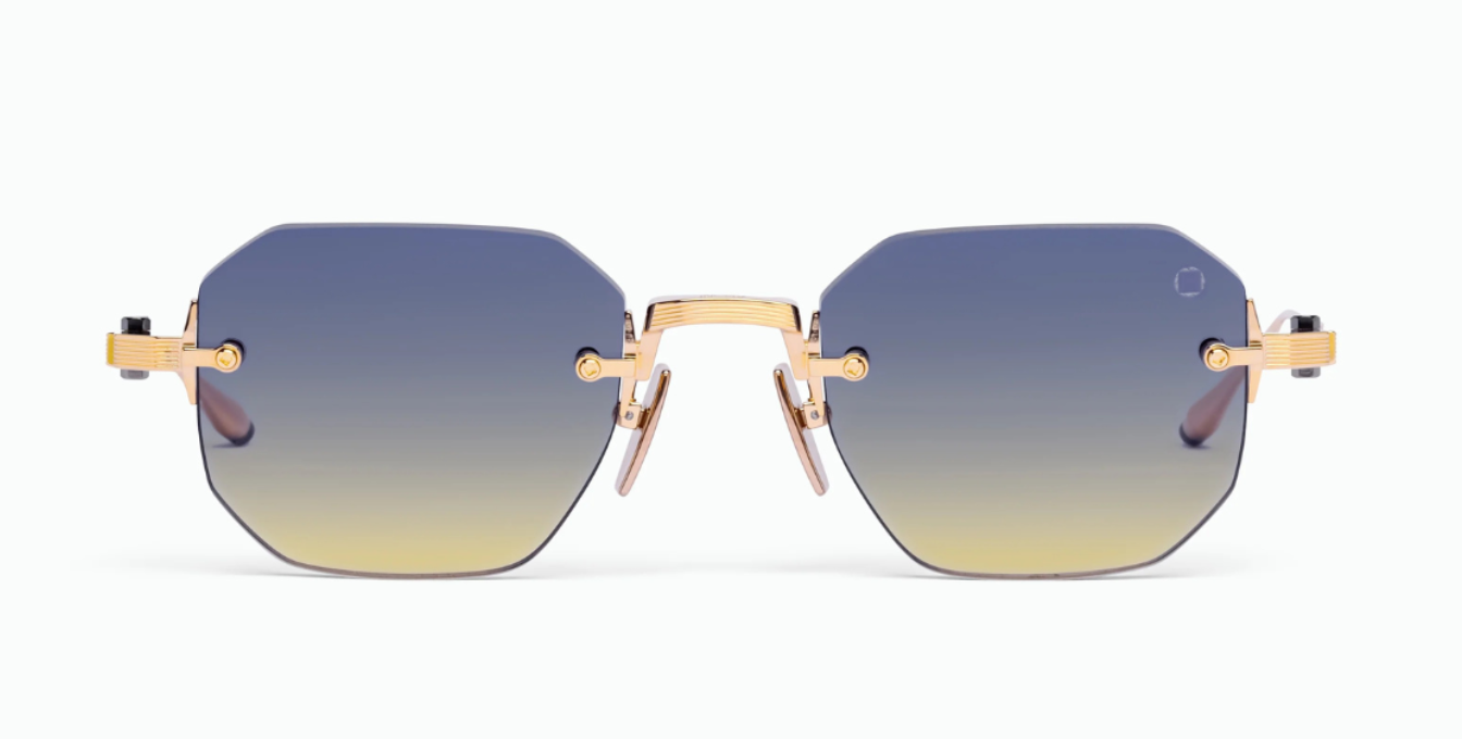 akoni juno-one gold eckige randlose sonnenbrille in gold mit blau-gelben verlaufsgläsern