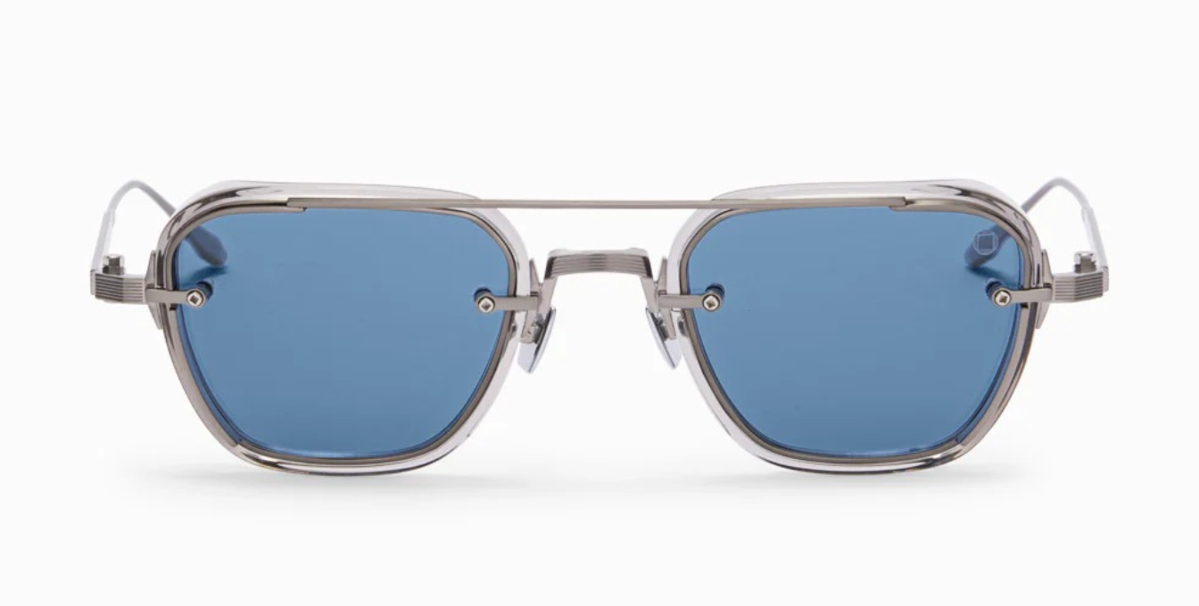 akoni jura crystal grey eckige sonnenbrille in grau und silber mit blauen gläsern