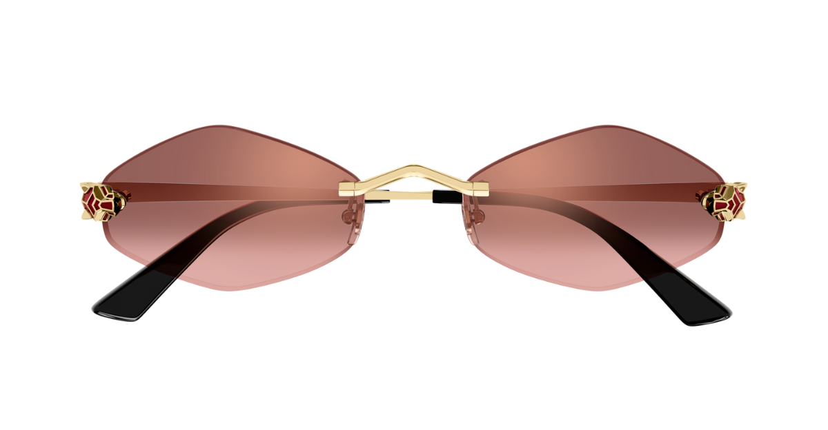 cartier 0433s 006 sechseckige randlose sonnenbrille in gold mit roten verspiegelten gläsern