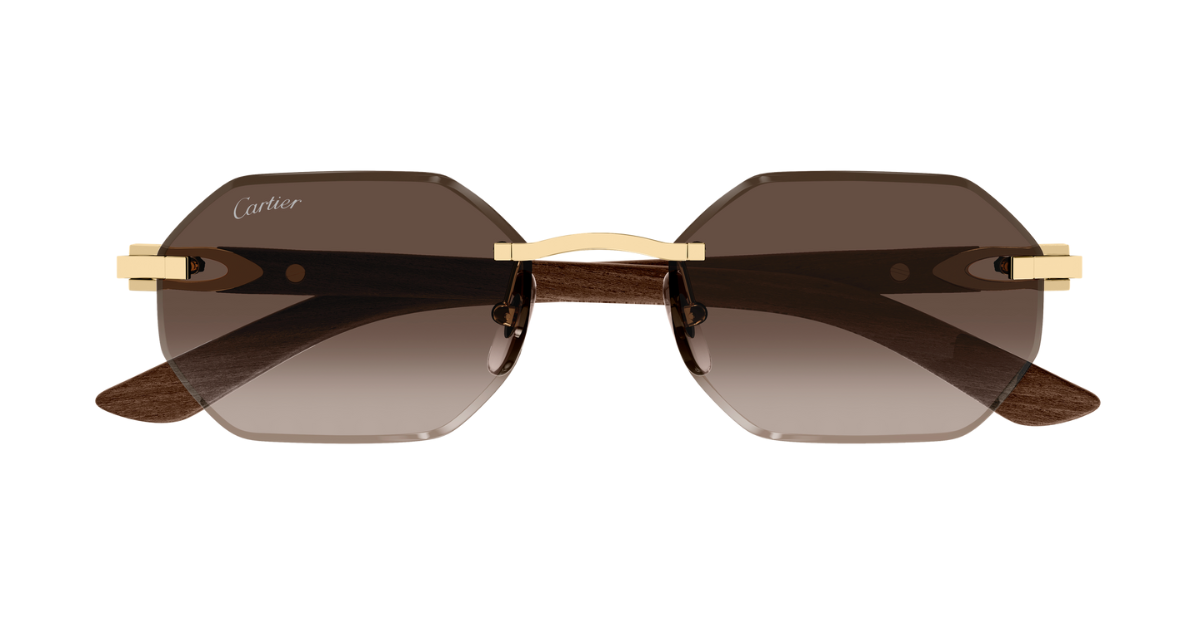 Cartier 0439s 006 eckige randlose sonnenbrille in gold und gelb mit braunen gläsern