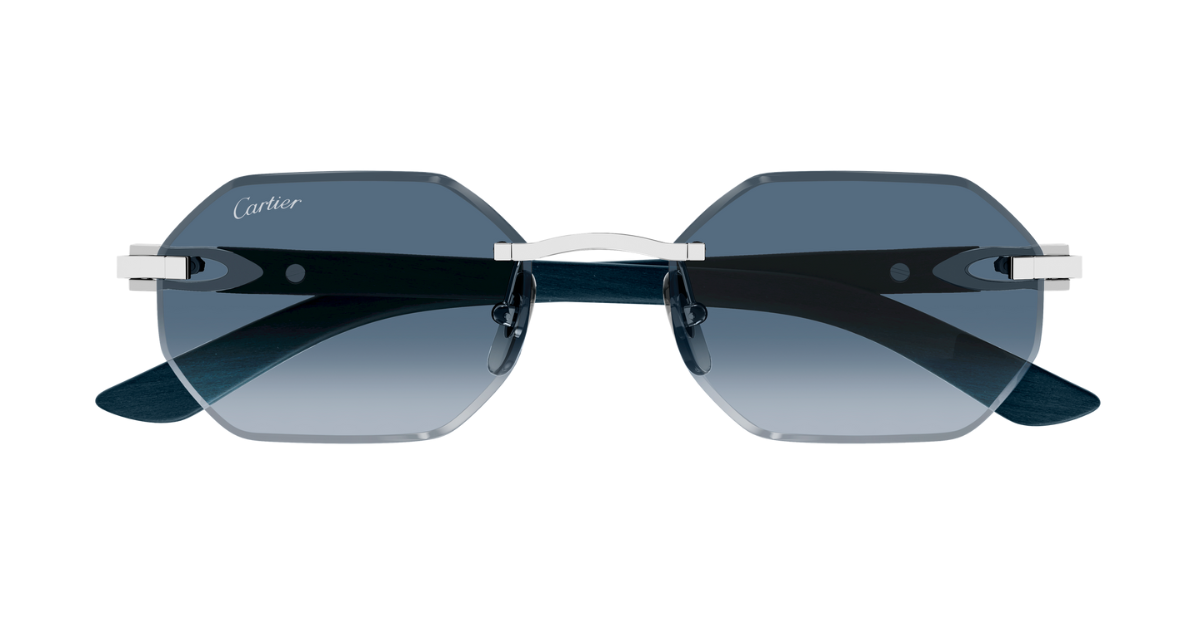 cartier 0439s 007 eckige randlose sonnenbrille in silber mit blauen gläsern