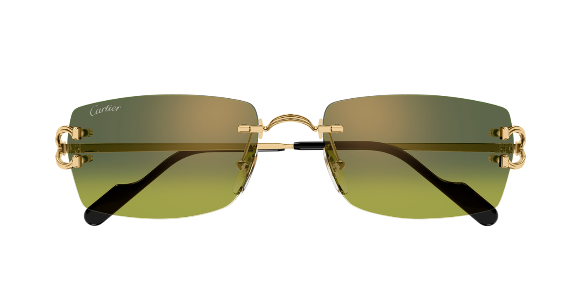 cartier 0550s 006 eckige, randlose sonnenbrille in gold mit grünen gläsern