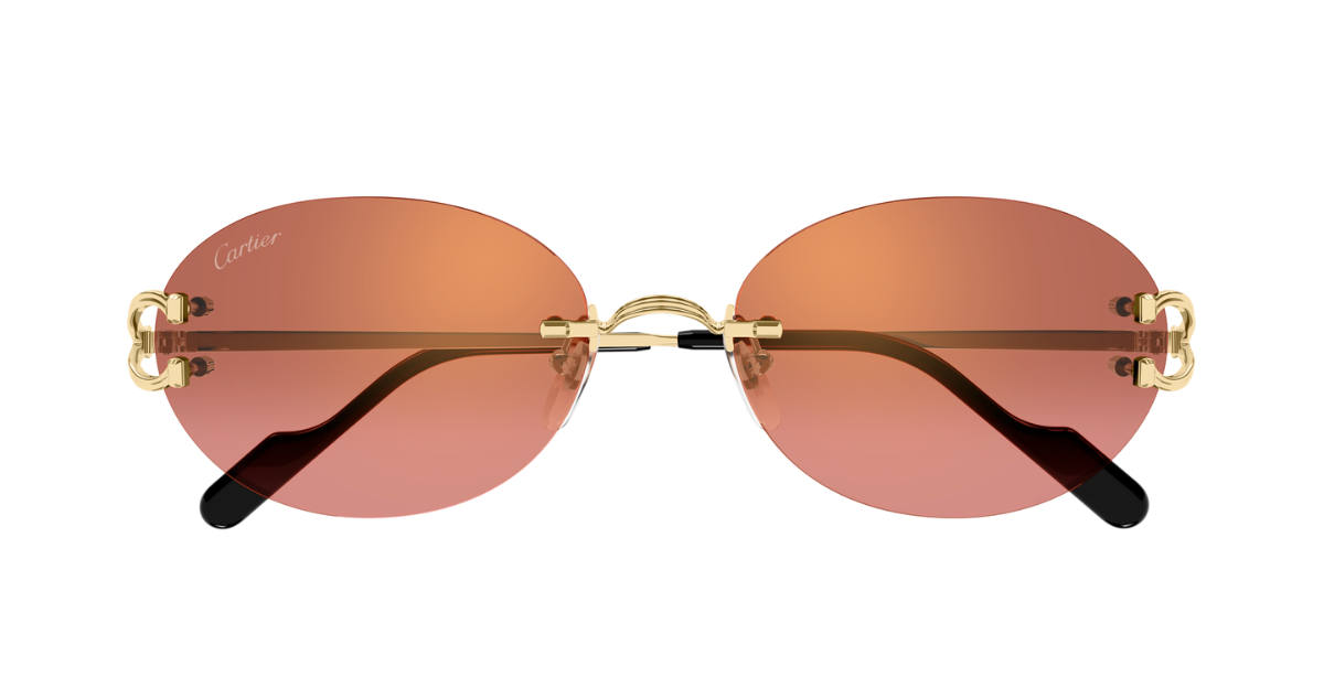 cartier 0551S 005 ovale randlose sonnenbrille in gold mit roten gläsern