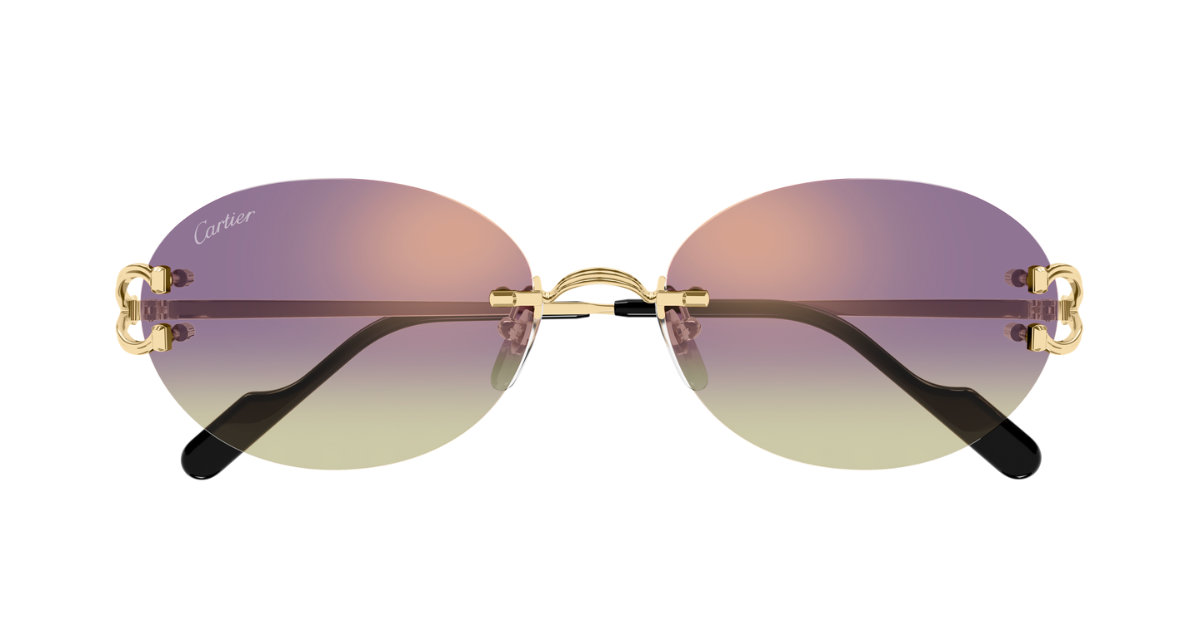cartier 0551S 006 ovale sonnenbrille in gold und violetten gläsern