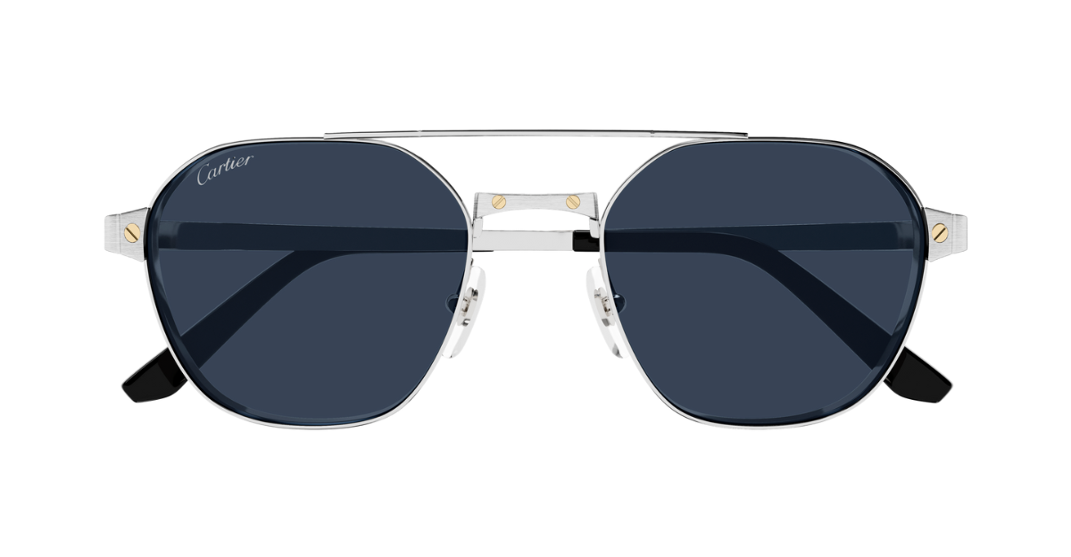 cartier 0571s 002 eckige sonnenbrille in silber mit blauen gläsern
