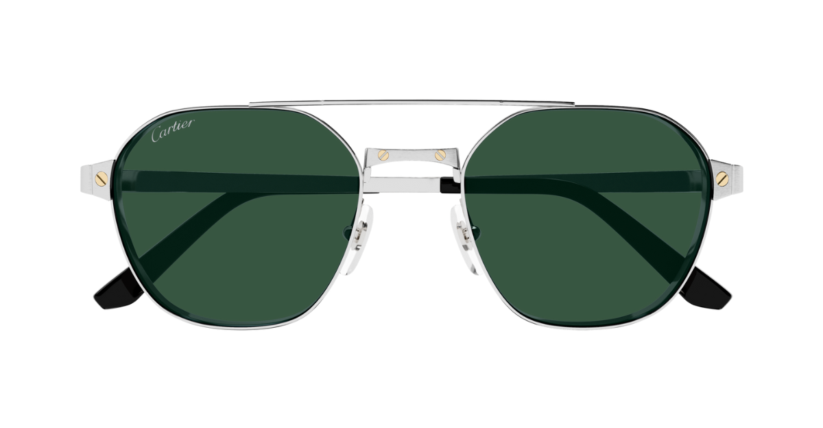 cartier 0571s 003 eckige sonnebrille in silber mit grünen gläsern