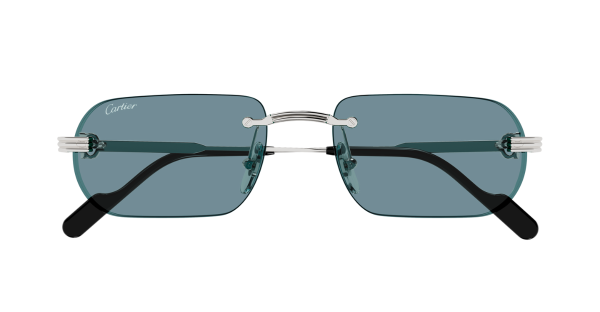 cartier 0577s 006 eckige, rahmenlose sonnenbrille in silber mit blauen gläsern