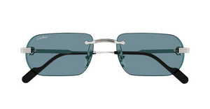 cartier 0577s 006 eckige, rahmenlose sonnenbrille in silber mit blauen gläsern