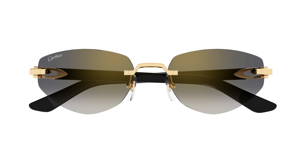 cartier 0580s 001 randlose sonnenbrille in gold und schwarz mit grauen gläsern
